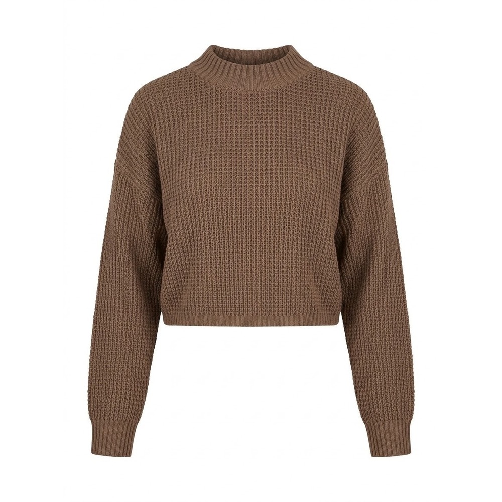 Hollister Waffle Knit Sweater Women Medium Brown Cropped Mock Neck Long Sleeve